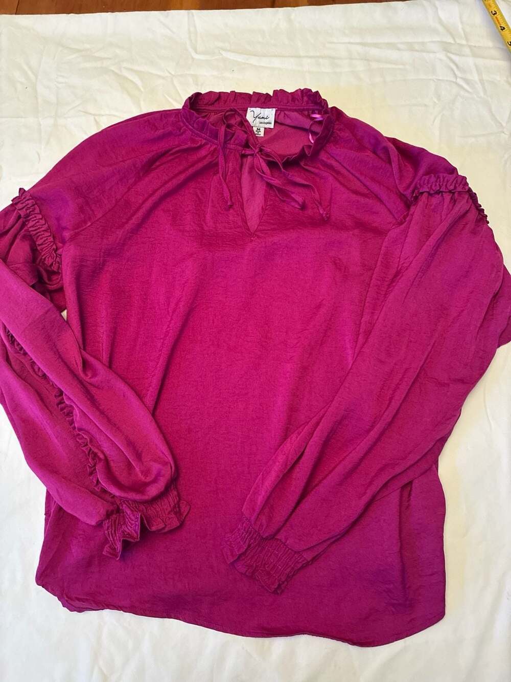 Yuni Los Angeles Magenta Ruffle Neck Tie Front Balloon Sleeve Blouse